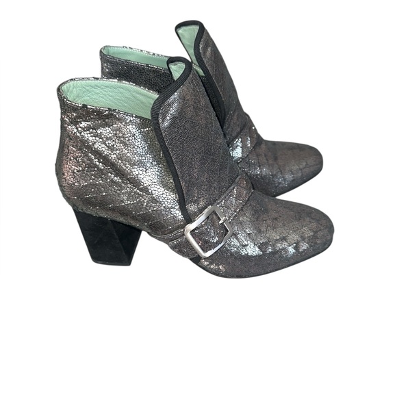 PAOLA ARCANA Shoes - Anthropologie Paoli Arcana metallic Silver Ankle Boots  Buckle velvet block heel